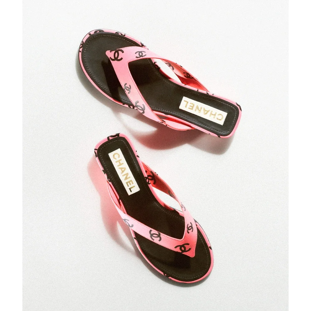 Chanel 22S Pink Black Printed Lambskin CC Logo Thong Flat Flip Flop Sandal 37 - Picture 7 of 12